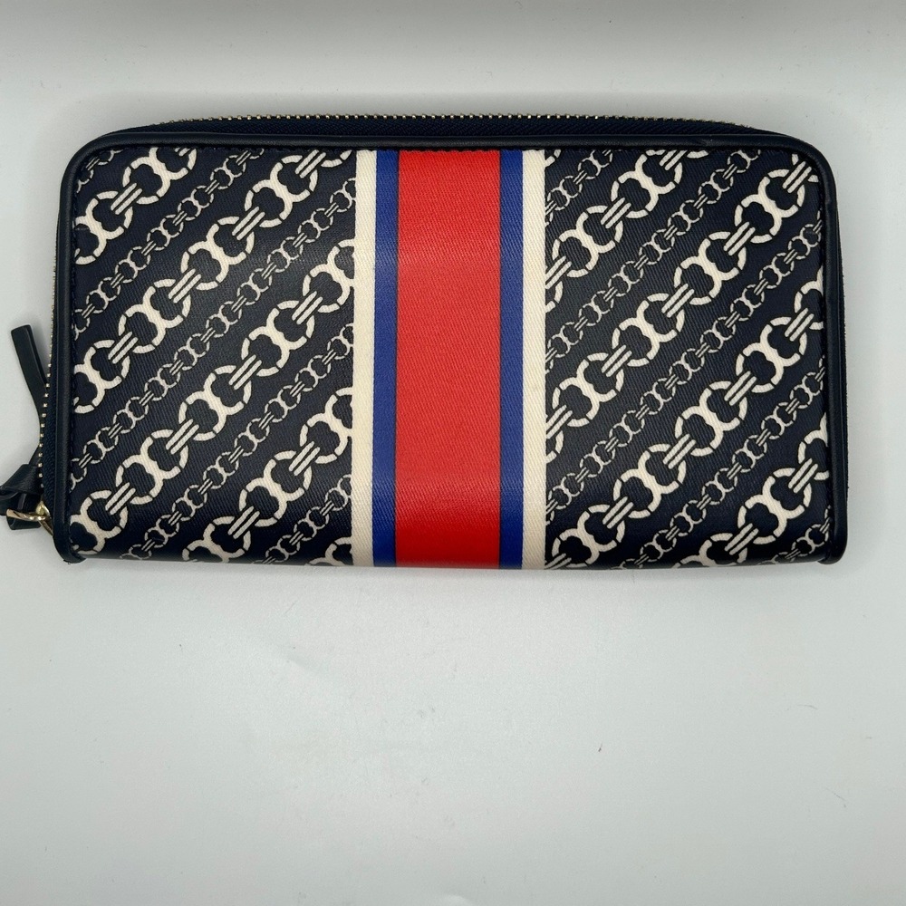 Tory Burch Gemini Link Zip Around Continental Wallet Navy Blue Red Stripe #470 - Picture 2 of 4